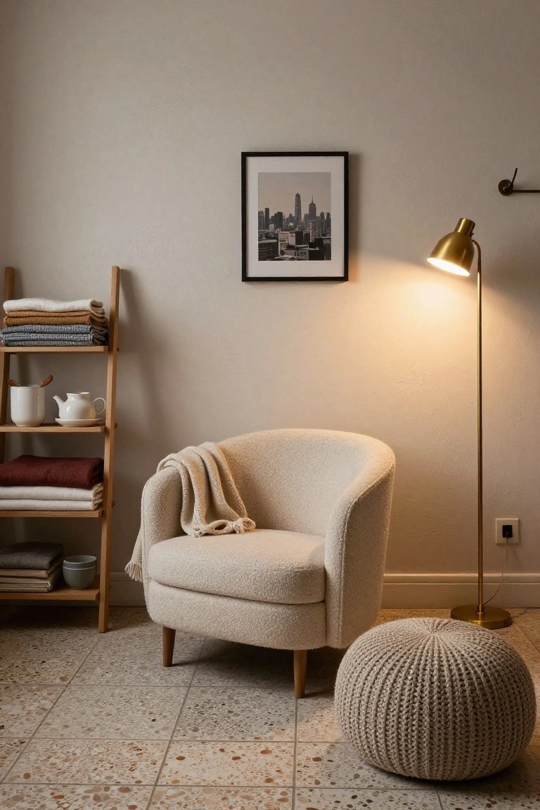 A cream curved bouclé armchair with a draped light throw sits next to a large knitted cream pouf on a speckled tile floor, beside a wooden ladder shelf with folded linens, a white teapot, and bowls, with a gold floor lamp and black-framed city photo on a beige wall.
