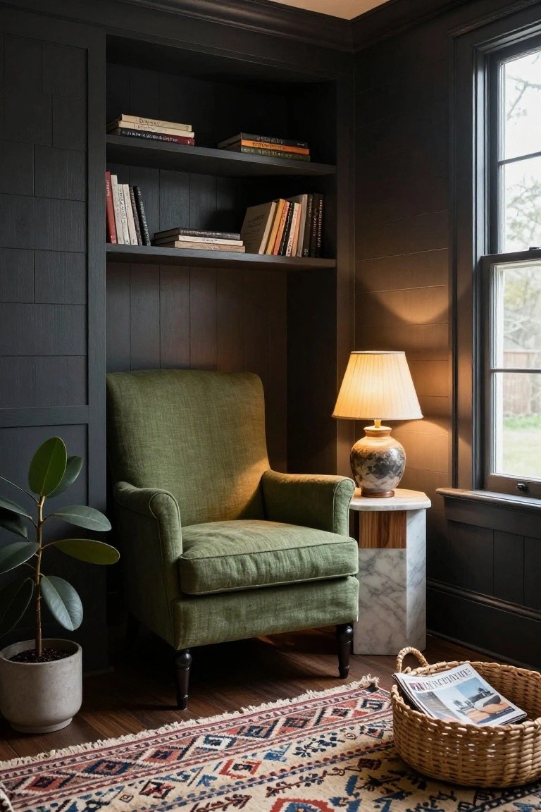 Dark paneled corner of a room with built-in bookshelves filled with books, green upholstered armchair, marble-topped side table holding a ceramic lamp, potted rubber plant, and wicker basket on a patterned rug near a window.