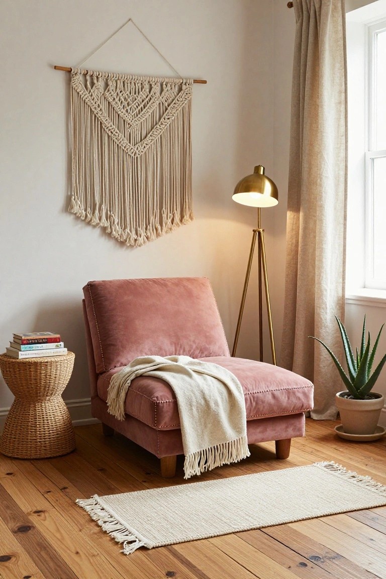 Pink velvet armchair with cream throw blanket in a bedroom corner next to gold tripod floor lamp, rattan side table holding stacked books, potted aloe plant, macrame wall hanging, sheer curtains on window, and beige rug on wooden floor.