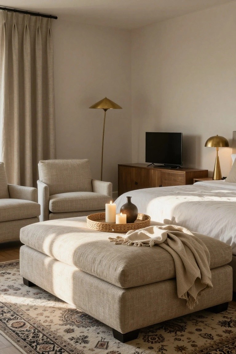 Bedroom corner featuring two beige upholstered armchairs flanking a large beige upholstered ottoman with a woven tray holding candles and a vase, positioned on a patterned rug near a bed with white sheets, wood nightstand, gold lamps, and beige curtains.