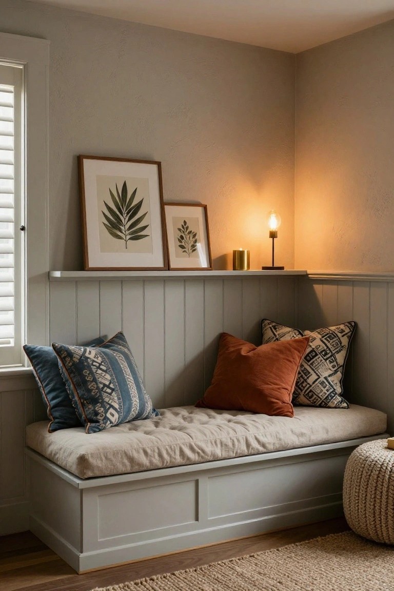 Corner built-in bench seat with beige linen cushion and blue and rust pillows against gray paneled wall, floating shelf with framed leaf prints, gold lamp, and candle above window with shutters in softly lit room.