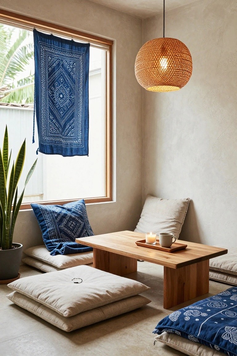 Cozy seating area with blue patterned pillows, a wooden table, and hanging light.