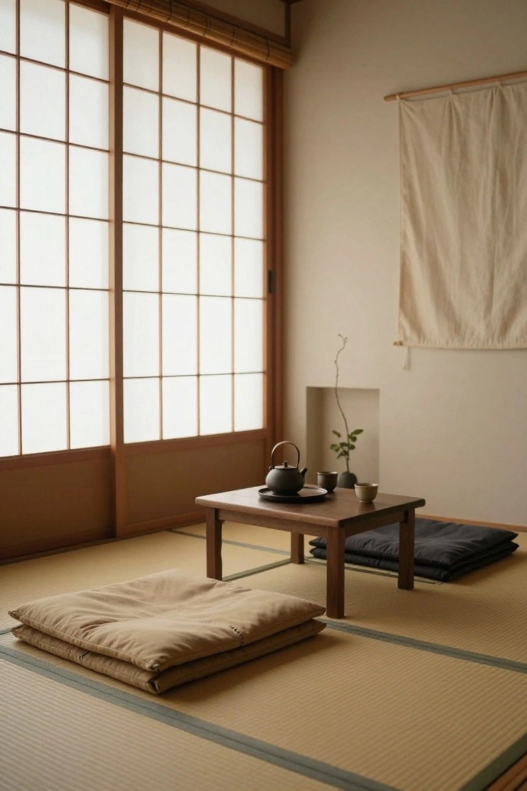 Minimalist Japanese interior with tatami floor, tea set, and cushions, featuring soft natural lighting.