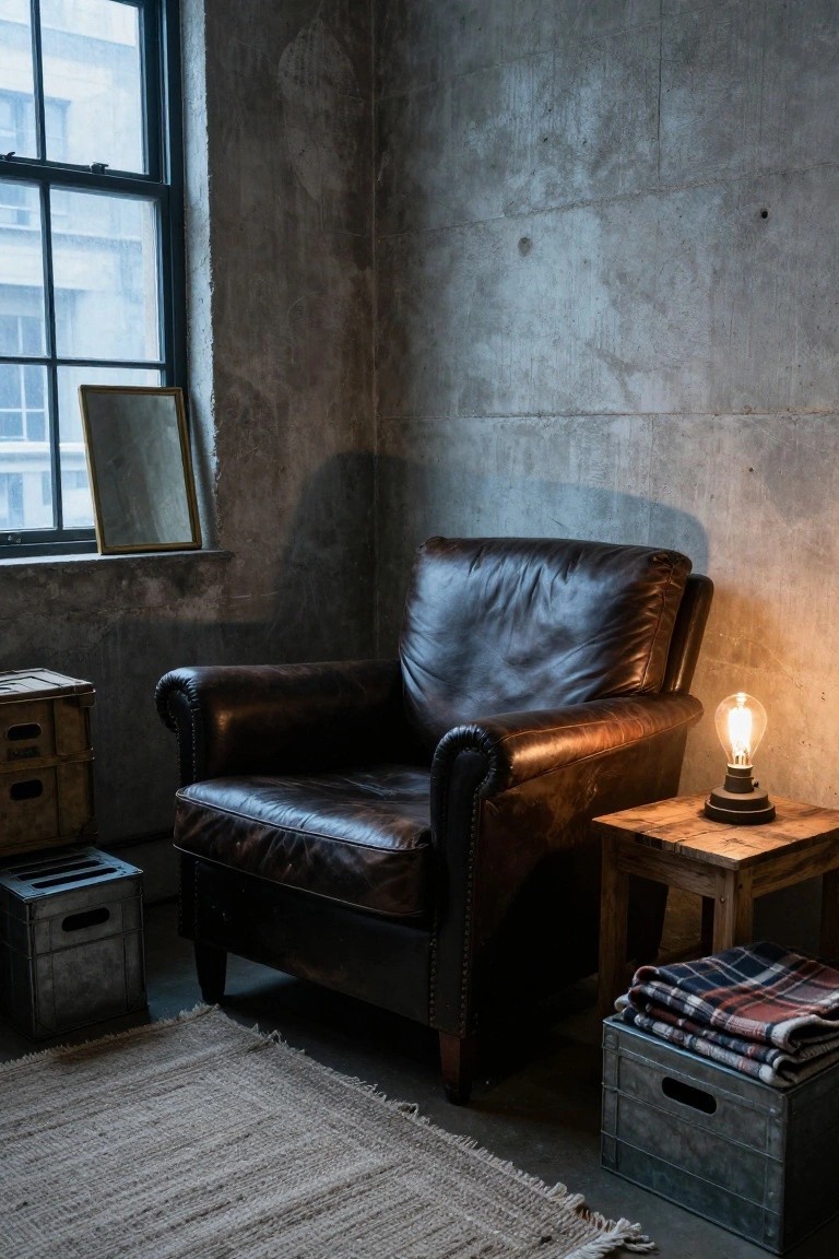Dark brown leather armchair in a corner room with exposed gray concrete walls, next to a wooden side table with an illuminated Edison bulb lamp, wooden crates, and stacked plaid blankets on the floor.