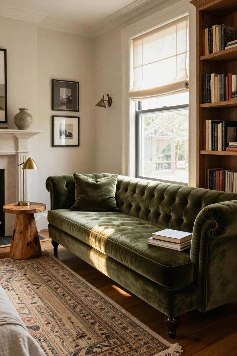 A green velvet tufted sofa in a sunlit room corner beside wooden bookshelves, a window with shades, a brass lamp on a wooden side table, and books on the sofa arm.