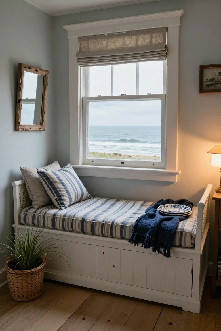 White wooden window bench with rattan trim, blue striped cushions and mattress, pillows, blue throw blanket, lamp, and potted plant in pale blue room with ocean view through window.