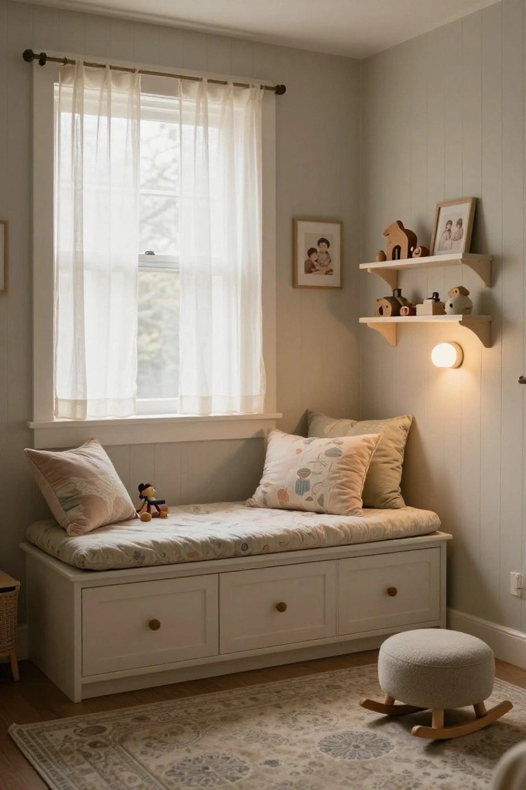 White wooden window seat bench with storage drawers, pink patterned cushions, a wooden toy doll, sheer curtains on the window, wall shelves with wooden toys and photos, and a rocking horse on the floor in a light gray bedroom.