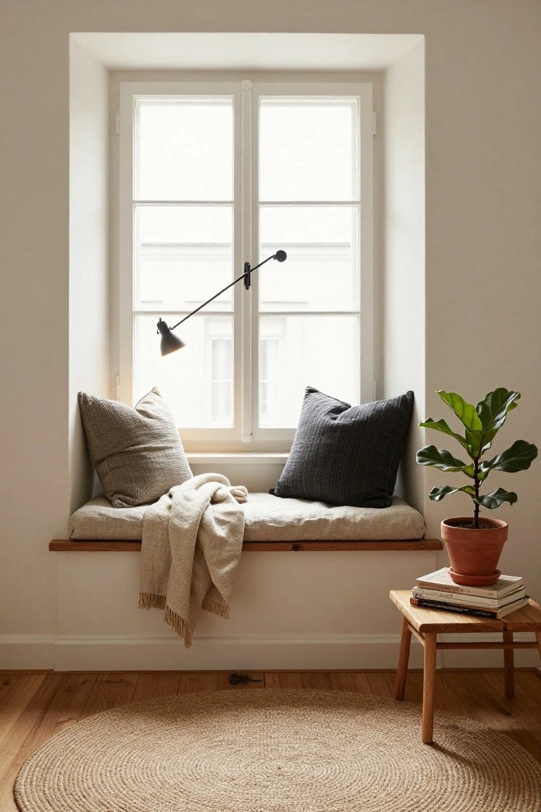 A built-in wooden window bench with beige and gray textured cushions, a folded cream throw blanket, dark gray pillows, a potted fiddle leaf fig plant, stacked books on a small wooden stool, black adjustable wall lamp next to a large white double-hung window, light beige walls, oak wood floors, and round seagrass rug in a minimalist room.