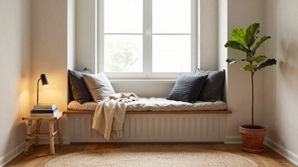 18 Cozy Bedroom Seating Ideas for Small and Large Rooms A built-in wooden window bench with beige and gray textured cushions, a folded cream throw blanket, dark gray pillows, a potted fiddle leaf fig plant, stacked books on a small wooden stool, black adjustable wall lamp next to a large white double-hung window, light beige walls, oak wood floors, and round seagrass rug in a minimalist room.