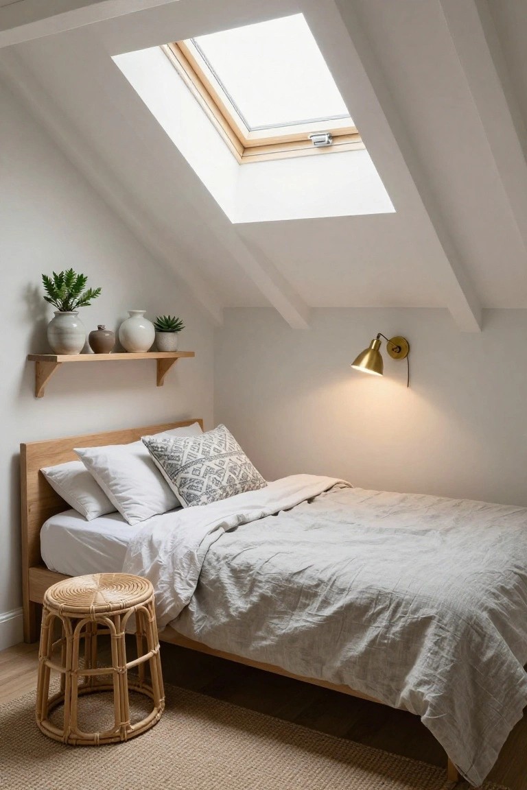 Small attic bedroom with sloped white ceiling and skylight, wooden bed frame with white sheets and gray quilt, rattan stool beside bed, floating wood shelf with ceramic pots and plants, brass wall lamp, and seagrass rug on wood floor.