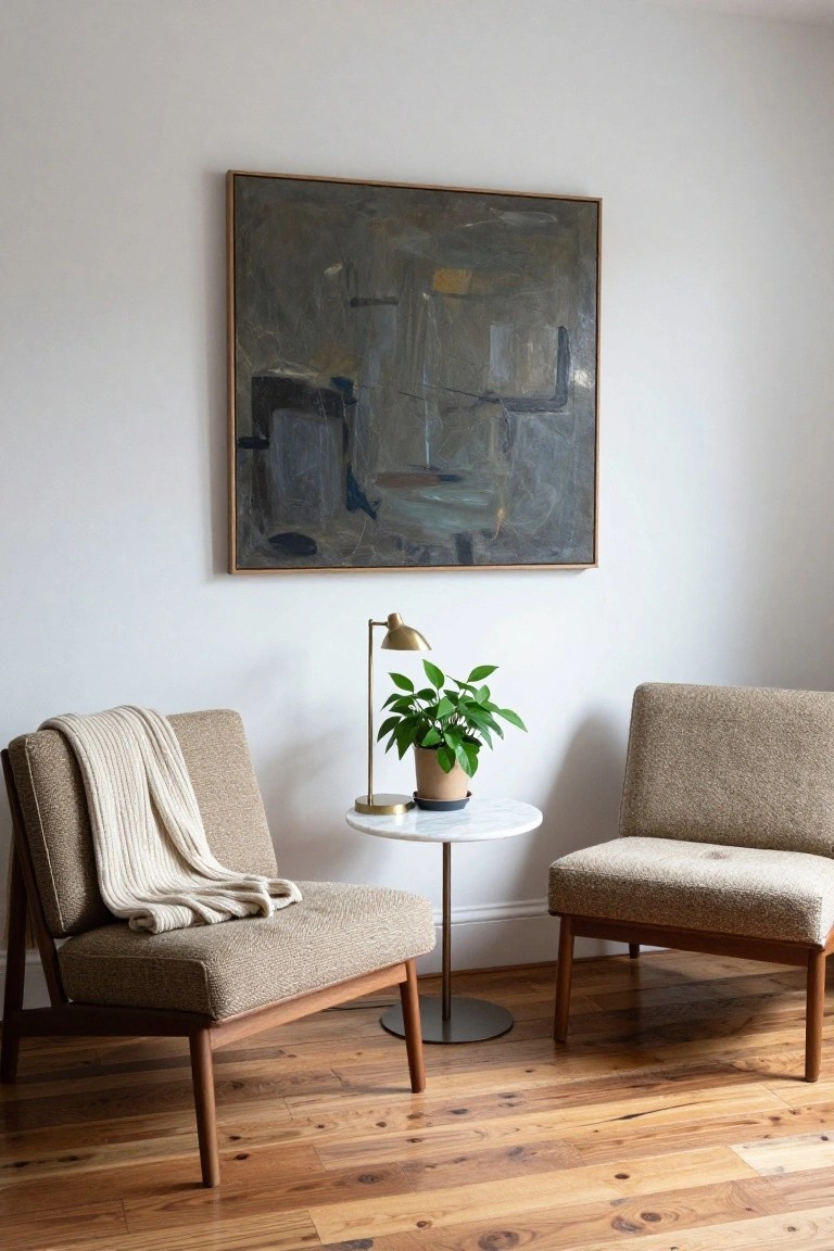 Two beige upholstered armchairs with wooden legs flanking a small round white side table topped with a gold desk lamp and potted green plant in a terracotta pot, beside a large framed abstract painting on a white wall over hardwood floors.