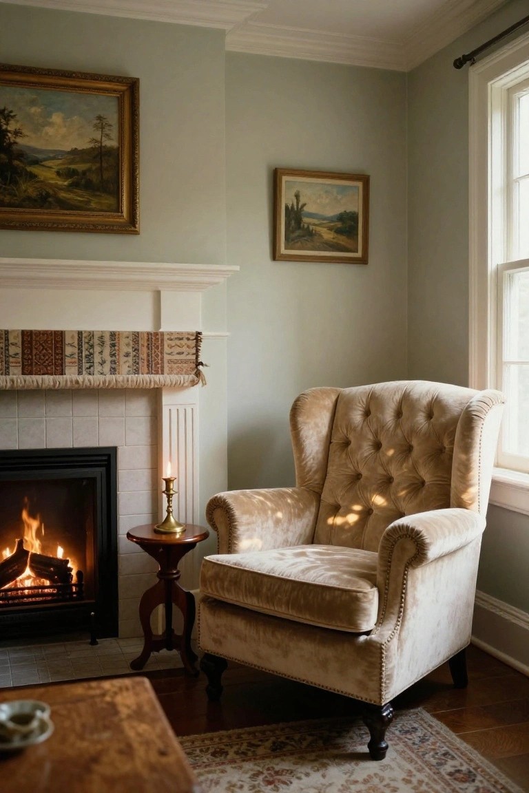 Cream tufted wingback armchair positioned beside a lit fireplace in a pale green room with white mantel, wooden side table holding a candle, and two landscape oil paintings on the walls.
