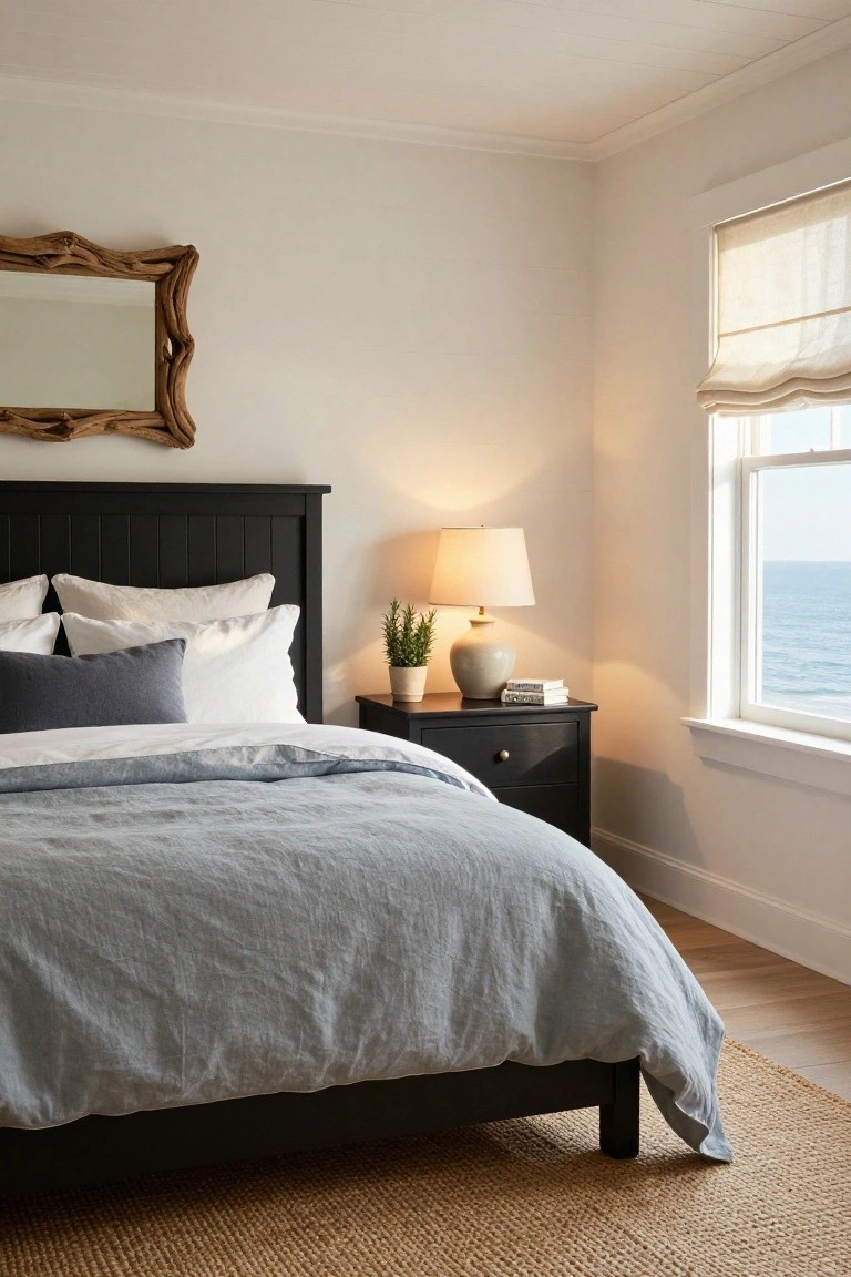 Bedroom with black wooden bed frame, light gray linen bedding, white pillows, black nightstand holding lamp plant and books, driftwood mirror on wall, and window showing ocean view.