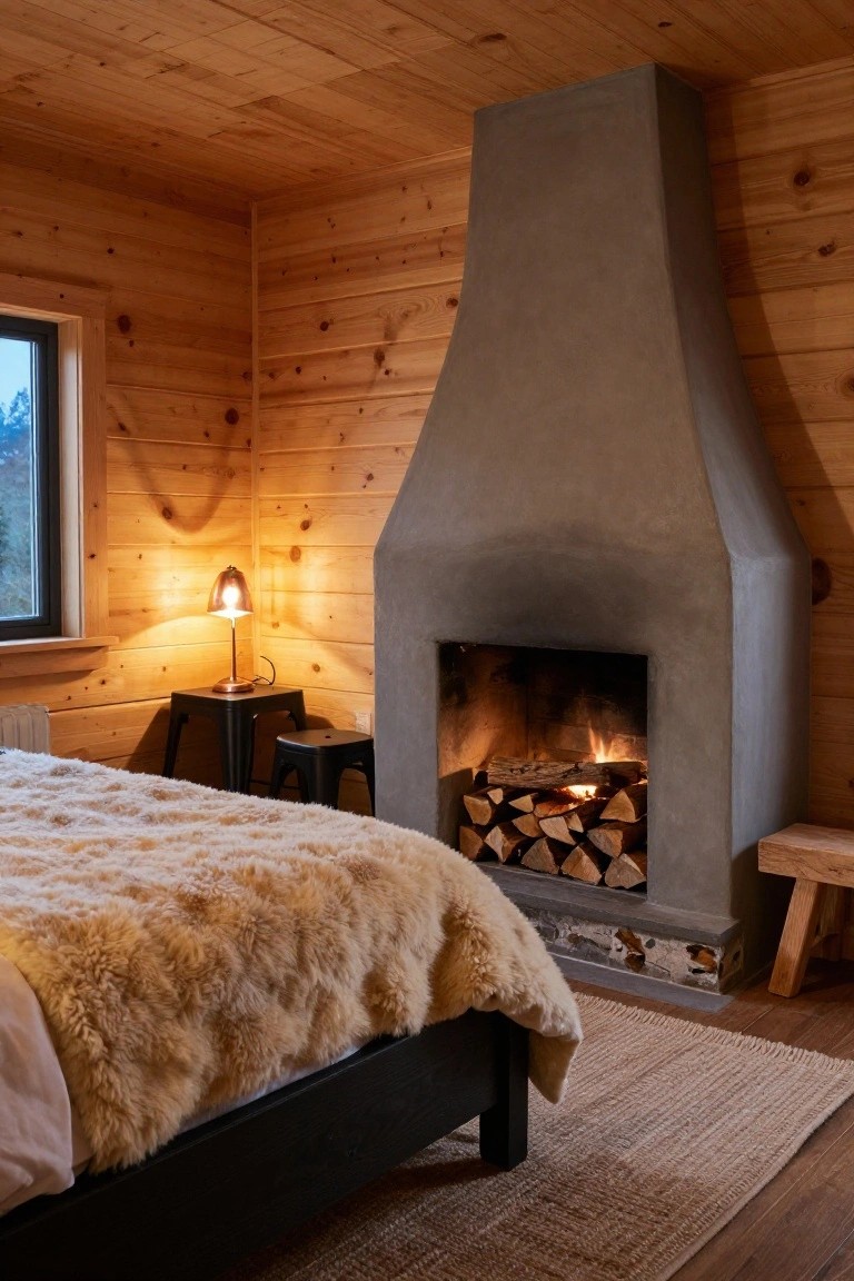 Cozy bedroom with light wood-paneled walls and ceiling, tall gray concrete fireplace containing burning logs and stacked firewood, black bed frame with white sheets and beige sheepskin throw, black stool nearby, small table with brass lamp, and window showing dark outdoor view.