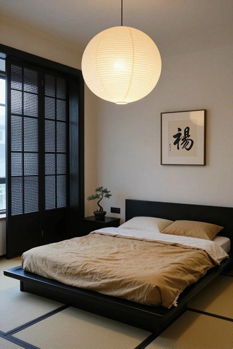 Minimalist bedroom with black platform bed draped in tan linens and white sheets, black nightstand, bonsai plant, hanging paper lantern, framed wall art, and black screened windows over tatami mats.