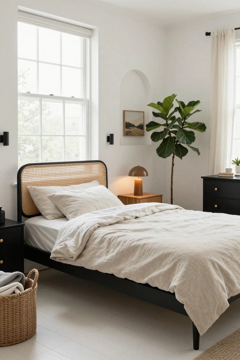 A bedroom with a black metal bed frame featuring a rattan-woven headboard, white linen bedding, black nightstands and dresser, a fiddle leaf fig plant, and sheer curtains beside a large window.