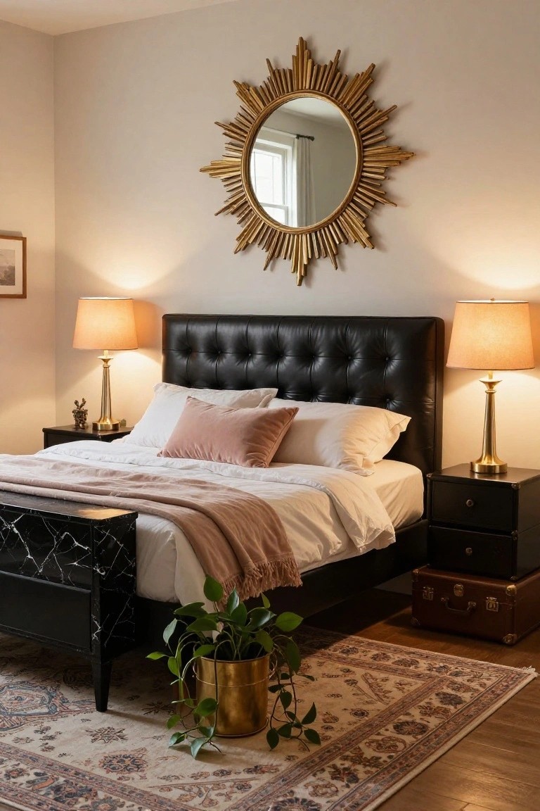 Bedroom interior with black tufted leather bed, pink velvet pillows and throw on white sheets, gold lamps on black nightstands, gold sunburst mirror on beige wall, potted plant in gold pot, and patterned rug on wood floor.