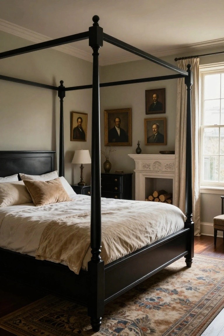 Bedroom interior with black four-poster canopy bed covered in white sheets and beige pillows, antique portraits on walls, bedside lamp and black dresser, white fireplace mantel stacked with firewood logs, window with cream curtains, wood floor, and patterned rug.
