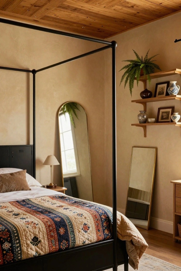 A bedroom with a black metal four-poster bed covered in a multicolored quilted bedspread, a large arched gold mirror by the window, wooden shelves holding plants and ceramics, beige textured walls, and a wooden plank ceiling.