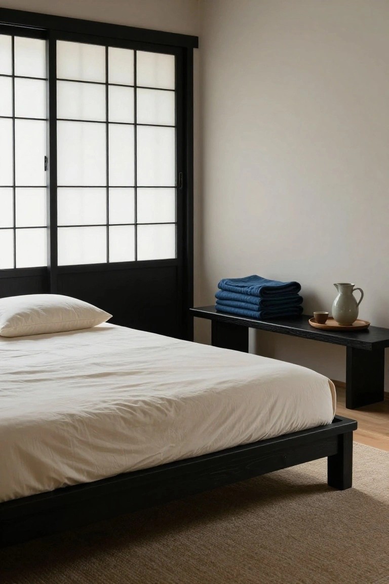 Minimalist bedroom with black wooden platform bed draped in white linens, black bench holding stacked navy towels beside a ceramic pitcher and cup on a wooden tray, shoji sliding doors, beige walls, and light rug on wood floor.