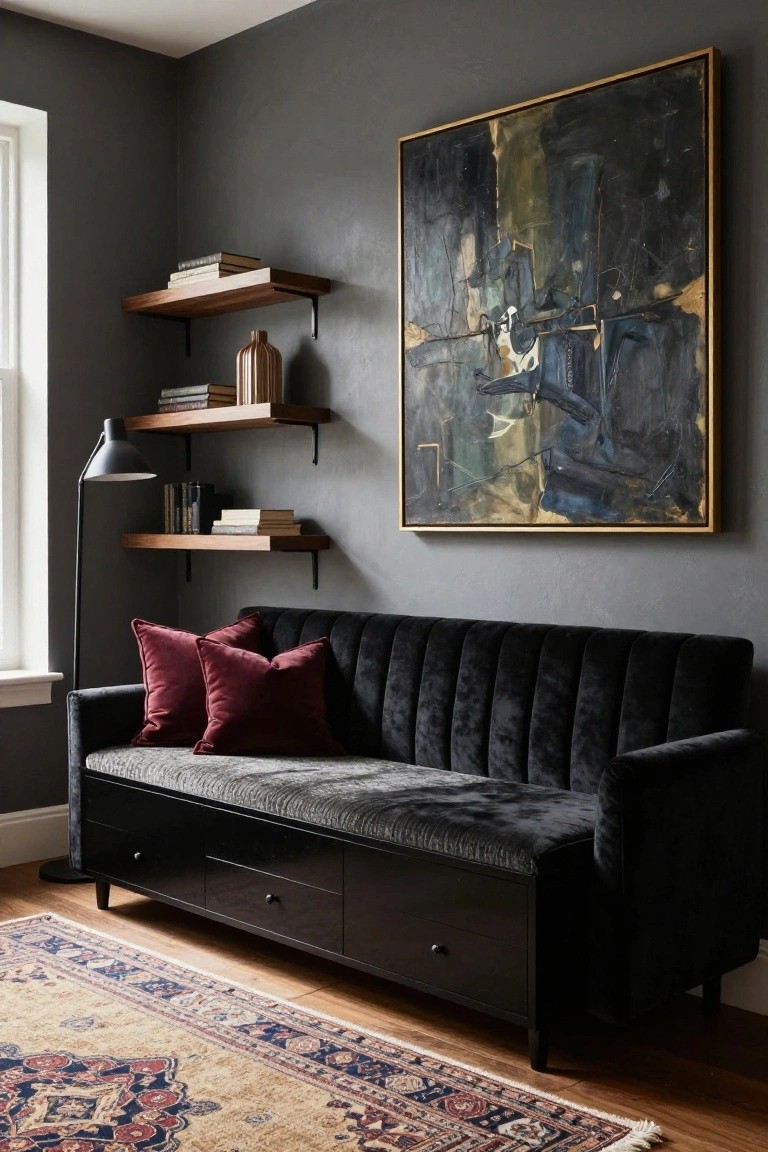 Gray corner room with black tufted velvet sofa featuring storage drawers underneath, two maroon pillows, wood floating shelves holding books and a terracotta vase, black floor lamp, large abstract painting on wall, and beige Persian rug on wood floor.