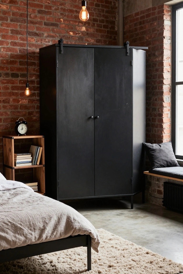 Tall black wardrobe with sliding barn doors stands against exposed red brick wall in a bedroom with wooden bed draped in white linens, small wooden bookshelf with books, and pendant lights overhead.