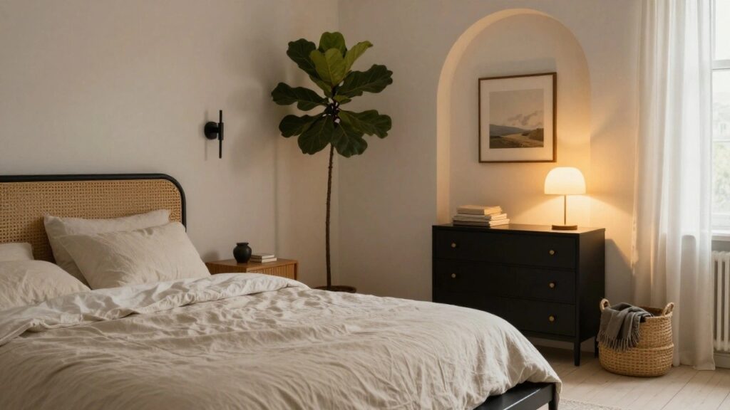 A bedroom with a black metal bed frame featuring a rattan-woven headboard, white linen bedding, black nightstands and dresser, a fiddle leaf fig plant, and sheer curtains beside a large window.