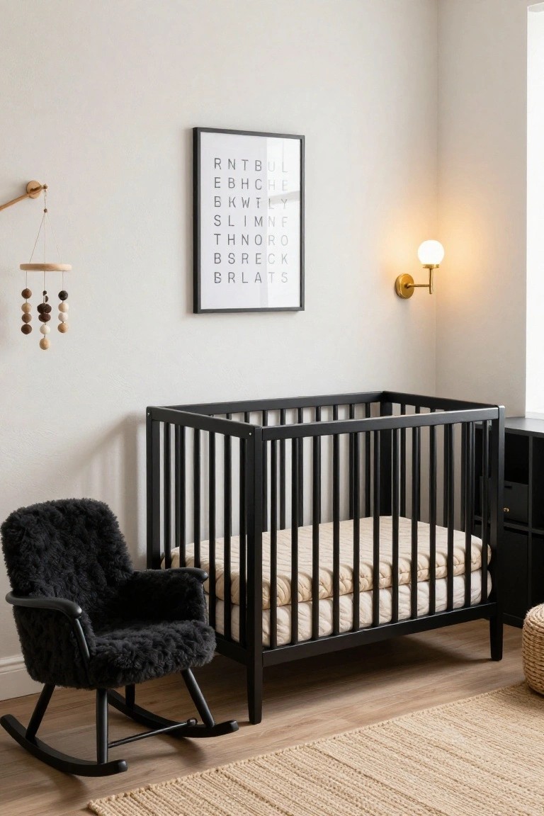 A nursery featuring a black metal crib with beige mattress, a black fluffy rocking chair, beige walls, black-framed white letter art, gold wall lamp, wooden mobile, and seagrass basket on wood floor.