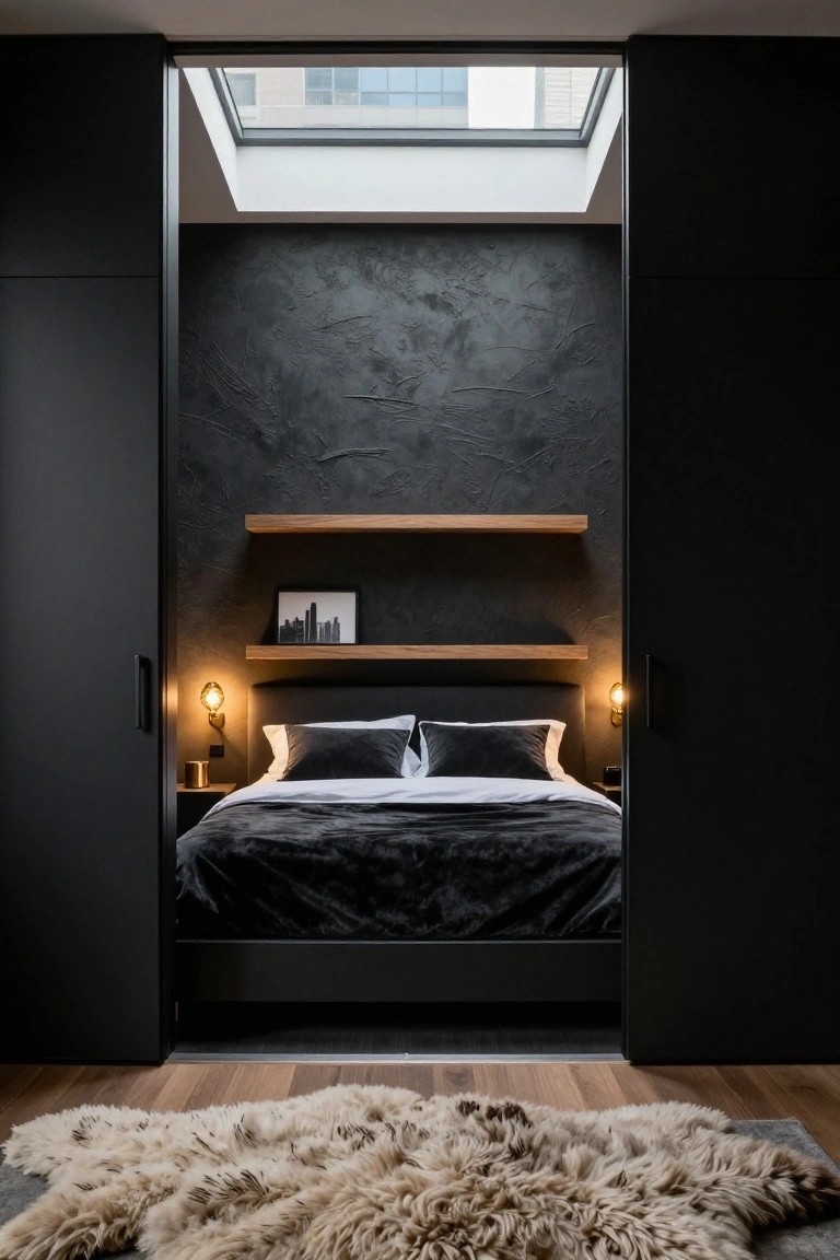 Open black sliding wardrobe doors frame a recessed black bed with white and gray pillows, flanked by oak floating shelves holding lamps and a framed cityscape photo, textured dark walls, a cream sheepskin rug on light wood floors, and a skylight overhead.