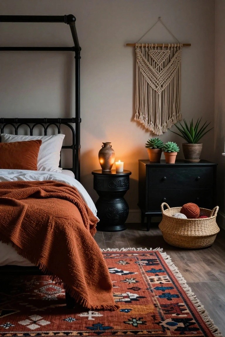 Cozy bedroom with black metal canopy bed covered in rust orange quilt and pillows, black side tables holding plants and candles, macrame wall hanging, and red patterned rug on wood floor.