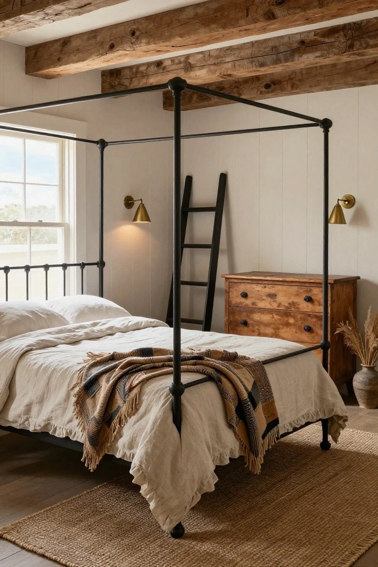 A bedroom with white paneled walls, exposed wood beam ceiling, black metal four-poster bed draped in white linens and a multicolored throw, wooden dresser, black ladder, gold wall sconces, window, potted dried grass, and seagrass rug on wood floor.
