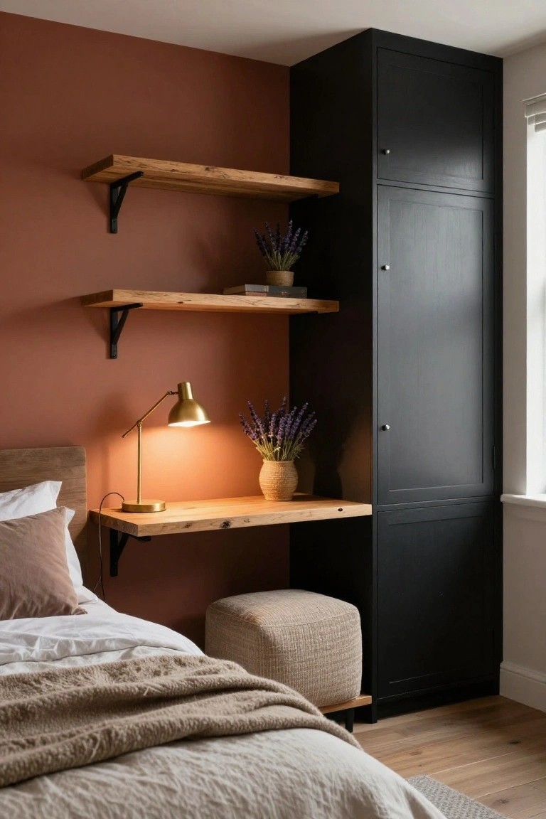 Bedroom corner with tall matte black built-in wardrobe, integrated wooden desk shelf, floating wooden shelves holding plants and books, adjacent bed with beige linens and throw, terracotta wall, and ottoman stool.