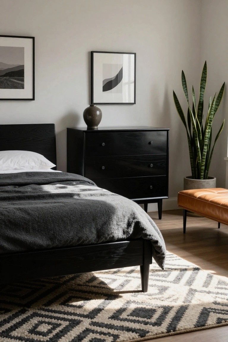 Bedroom interior with black wood bed draped in textured gray linens and pillows, matching black dresser with ceramic vase on top, tall snake plant in gray pot nearby, orange leather ottoman, black-framed abstract art on light gray walls, and black-and-white zig-zag rug on light wood floors.