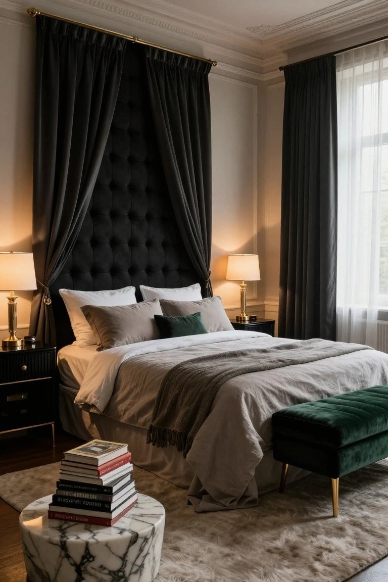 Bedroom interior with black tufted headboard framed by black velvet drapes on gold rod, gray bedding on king bed, brass lamps on black nightstands, green velvet bench, and marble side table with books on light rug.