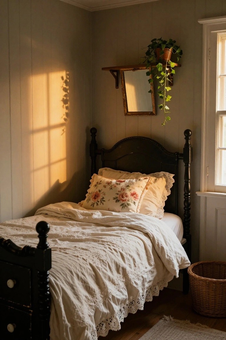 Small bedroom with black wooden four-poster bed draped in white linens and embroidered pillows, golden sunlight streaming through window onto light gray paneled walls, ivy plant on wooden shelf near oval mirror, and wicker basket on floor.
