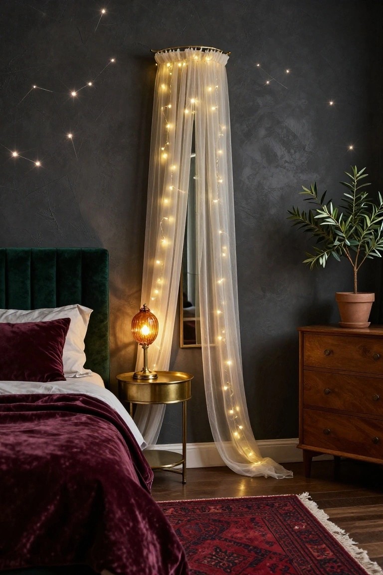 Bedroom with emerald green tufted headboard, purple velvet bedding and pillows, sheer canopy with fairy lights draped from gold hook above bed, gold side table holding orange glass lamp, wooden dresser beside potted olive plant, red patterned rug, and dark textured wall with scattered star lights.