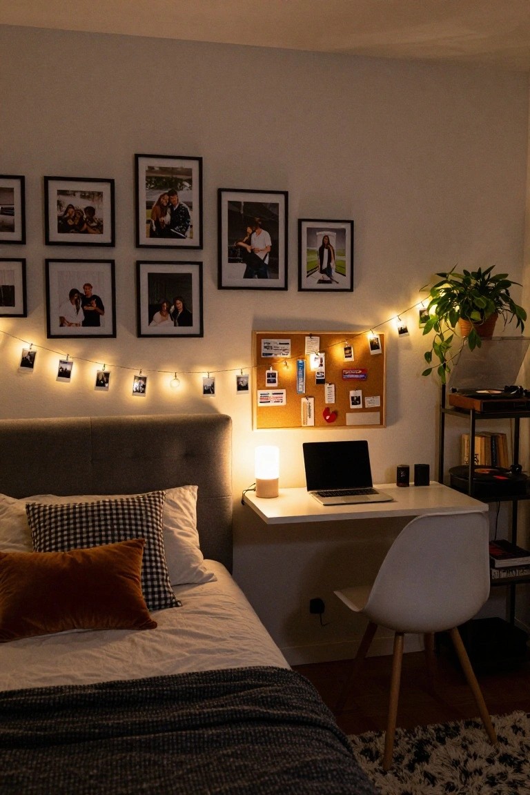 A cozy bedroom at night with a gray upholstered bed and pillows, white desk with MacBook laptop and lamp, corkboard wall with pinned items, string fairy lights clipped to small photos, framed pictures, potted plant, and record player stand.