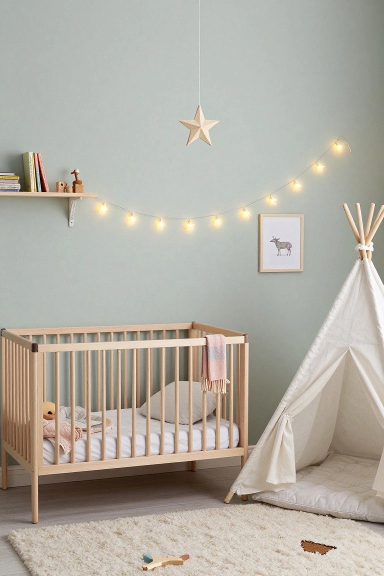 Light green nursery room with wooden crib holding pink blanket and teddy bear, white teepee tent on fluffy rug, wall shelf with books and wooden toys, string fairy lights, and hanging wooden star.