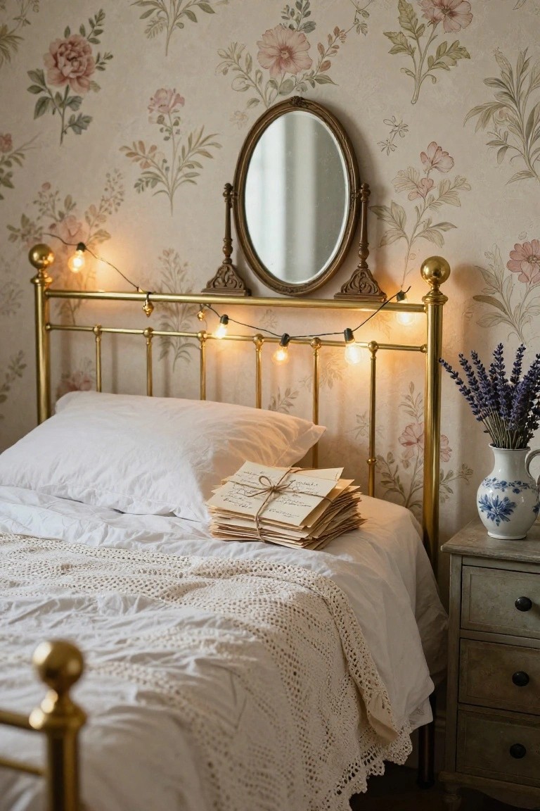 Cozy bedroom interior featuring floral wallpaper, brass bed frame with strung fairy lights, white pillows and bedding with a stack of tied letters, blue vase of lavender on a wooden nightstand, and an oval mirror above the bed.