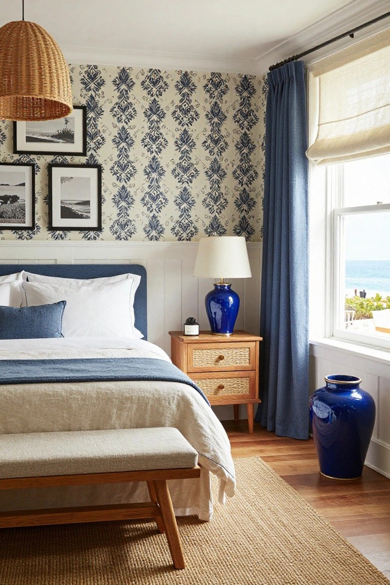 Bedroom interior with blue damask wallpaper on walls, white wainscoting, upholstered bed with blue and white bedding, wooden nightstand with blue lamp and vase, blue floor vase, bench at bed foot, seagrass rug, and window with blue curtains overlooking ocean.