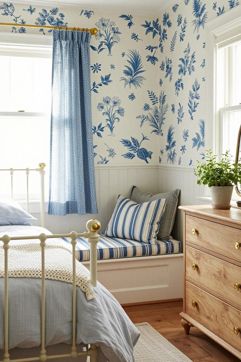 Corner of a bedroom with blue floral chinoiserie wallpaper above white wainscoting, brass single bed with light gray linens and knit throw, sheer blue dotted curtains on window, built-in window seat with blue and white striped cushions, wooden dresser with gold knobs and potted plant.