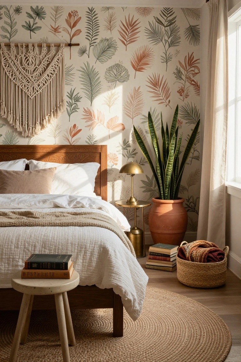Cozy bedroom with cream wallpaper patterned in green and orange ferns, palm leaves, and botanicals, wooden bed frame with white quilted bedding and beige throw, tall snake plant in terracotta pot, macrame wall hanging, brass lamp on gold side table, stacked books on stool, and round jute rug on wood floor.