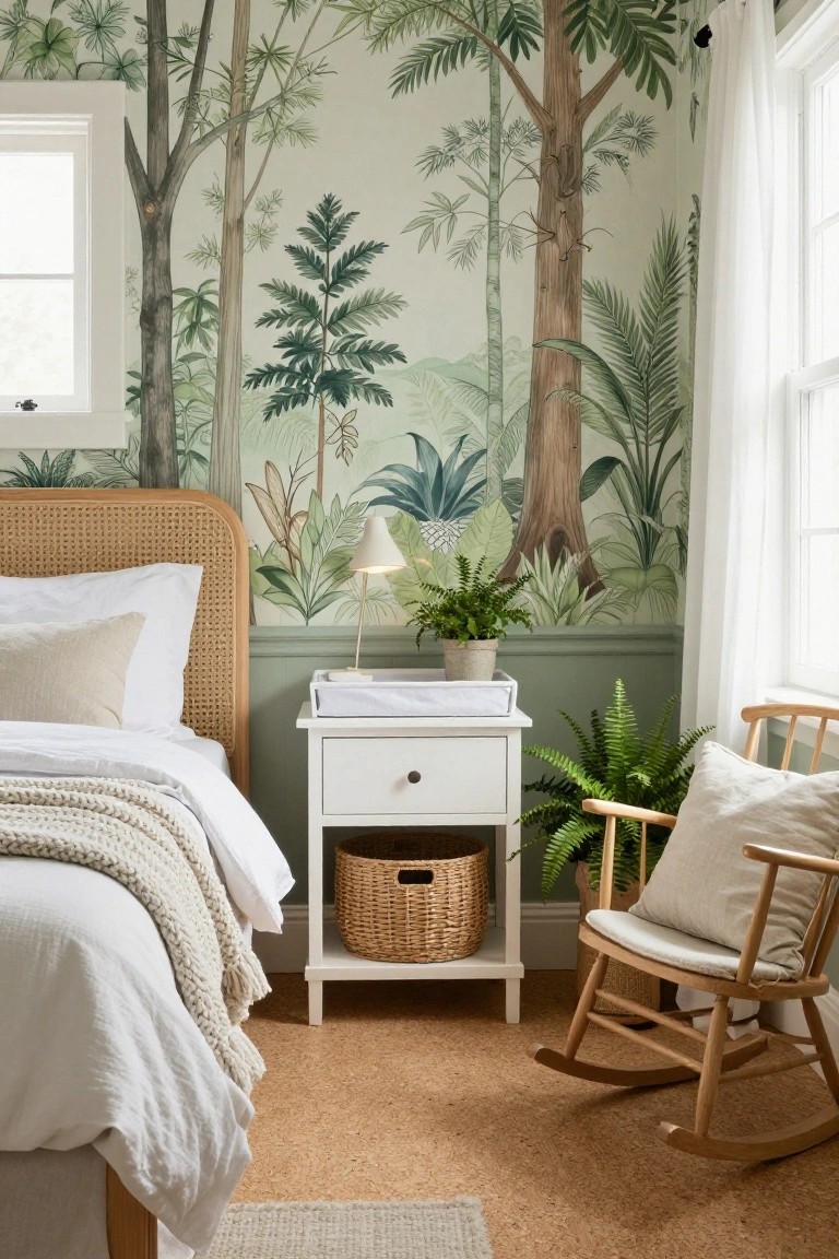 Bedroom interior with lush green jungle-themed wallpaper on walls, rattan bed frame with white bedding and throw, white nightstand holding a basket and lamp, potted ferns, and wooden rocking chair on cork flooring.