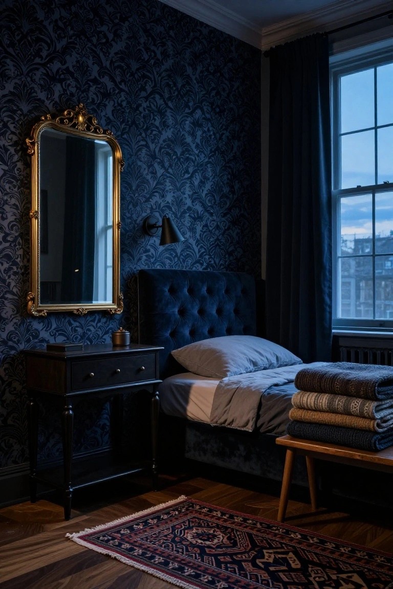 Bedroom with dark navy floral wallpaper on walls, blue tufted headboard bed with gray sheets and stacked colorful blankets, gold-framed oval mirror, black wooden nightstand, wooden stool, Persian rug on hardwood floor, and window with dark curtains.