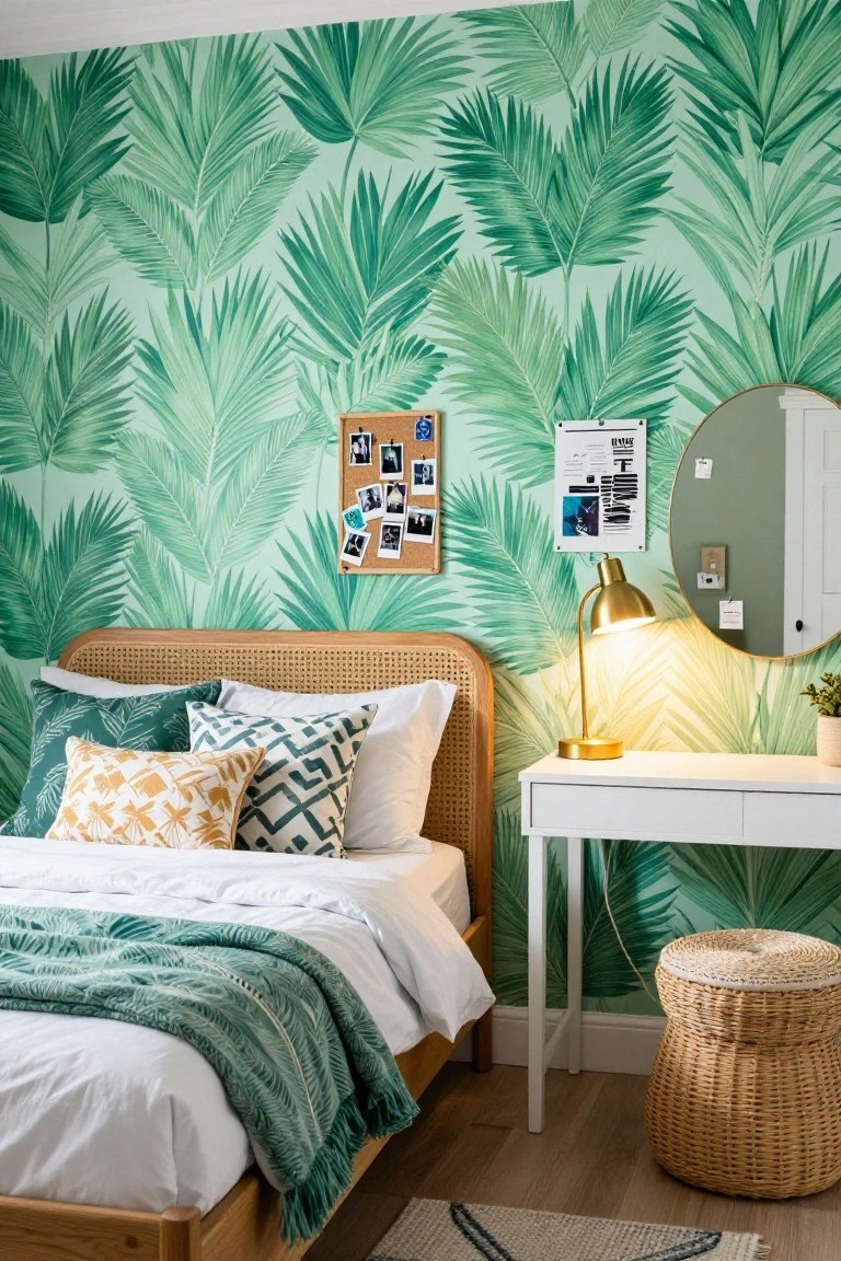 A bedroom with light green palm leaf wallpaper on the walls, rattan bed frame with white sheets green throw and pillows, white desk gold lamp, corkboard with photos, round mirror, plant, and woven basket on wood floors.