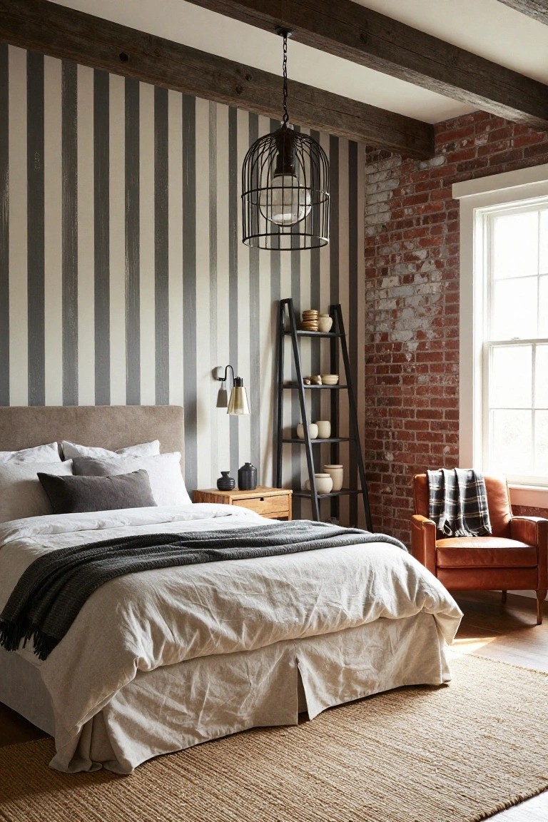 Bedroom with gray and white vertical striped wallpaper on one wall, exposed brick wall with window on another, upholstered bed with white linens and gray throw blanket, wood nightstand, black ladder shelf with ceramics, orange leather armchair with plaid throw, birdcage pendant light, and seagrass rug.