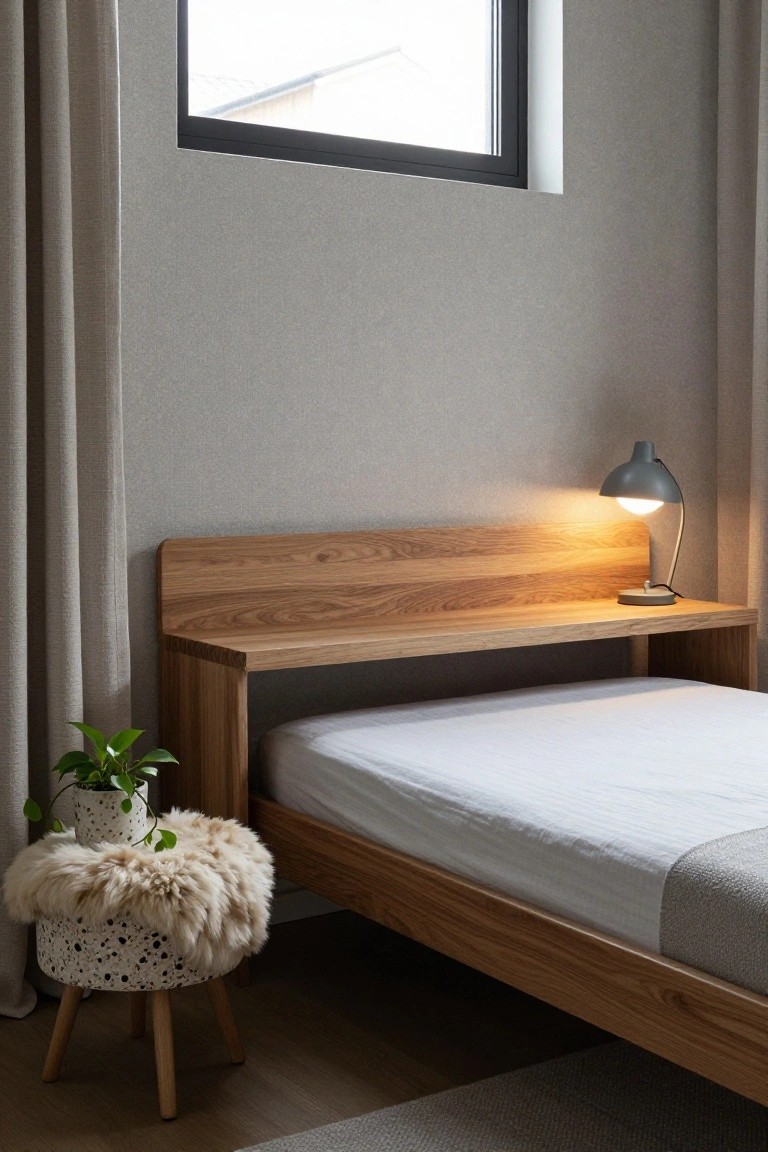 Oak wood bed frame with integrated side shelf holding a gray lamp, white mattress with gray throw, potted plant on speckled fuzzy stool with wood legs, gray textured walls, beige curtains on window, wood floor.