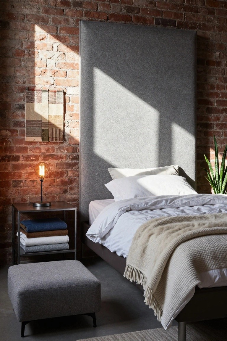 Bedroom interior with exposed brick walls, gray upholstered headboard behind a bed dressed in white sheets and a cream knit throw, black metal nightstand holding a lamp with orange bulb and stack of folded blankets in blue, brown, gray, and white, plus a gray footstool and potted plant.