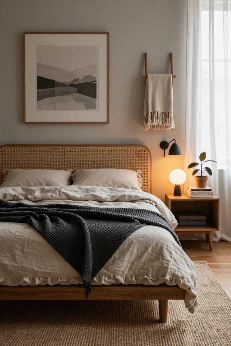 Bedroom featuring a rattan headboard bed with white linen bedding and a dark gray chunky knit throw draped over it, next to a wooden nightstand holding a white lamp, books, and a potted plant, with a light gray wall, framed artwork, and towel ladder nearby.