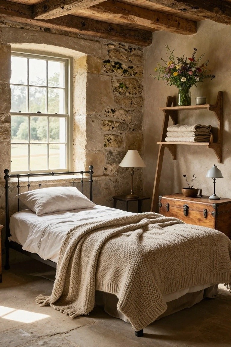 Cozy bedroom with exposed stone walls and wooden beams, black iron bed draped with white sheets and beige chunky knit throw, wooden dresser and shelves with linens and flowers, and arched window overlooking fields.